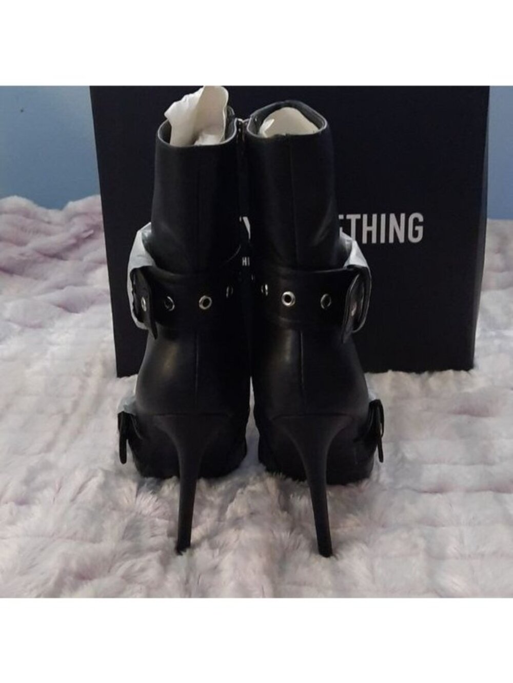 Pretty Little Thing NIB Black Faux Leather Pointed Toe Buckle 5 Inch Heel Boot 7 - Picture 6 of 9